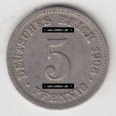 Münzen Deutschland 1871-1918 Kaiserreich 1890-1915, 5 Pfennig D, 1908 (1) Sammlung