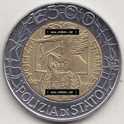 Münzen Italien / Italia Eurovorläufer, Gedenkmünze vor Euroeinführung 1997-1997, 500 Lire, 50 Jahre Staatspolizei (1947-1997), POLIZIA DI STATO... Sammlung