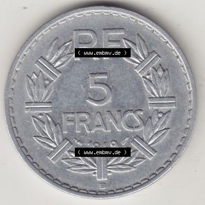 Alte Münzen Frankreich, Kursmünzensatz Zeitraum 1917-1952, der Münze 1945-1952, 5 Franken, Francs 1949-1. Rückseite einer Münze aus Frankreich in... Sammlung