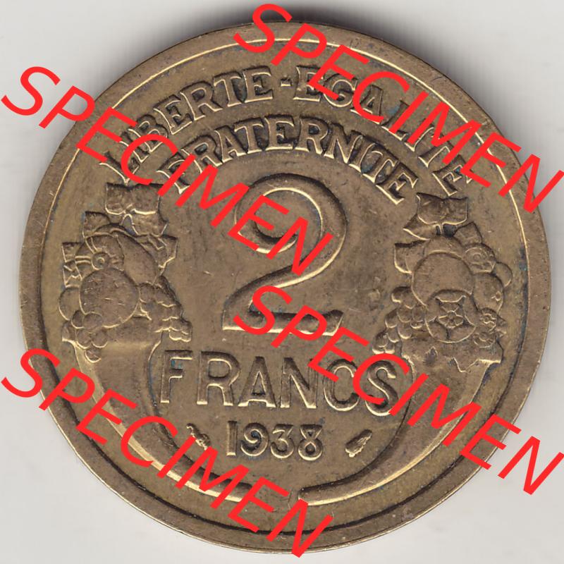 Münzen Frankreich Eurovorläufer, Umlaufmünze vor Euroeinführung 1931-1941, 2 Franken 1938-1 LIBERTE EGALITE FRATERNITE. Rückseite einer Münze aus Frankreich... Sammlung