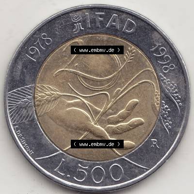 Münzen Italien / Italia Eurovorläufer, Gedenkmünze vor Euroeinführung 1998-1998, 500 Lire, 20 Jahre Internationaler Fonds für die landwirtschaftliche Entwicklung... Sammlung