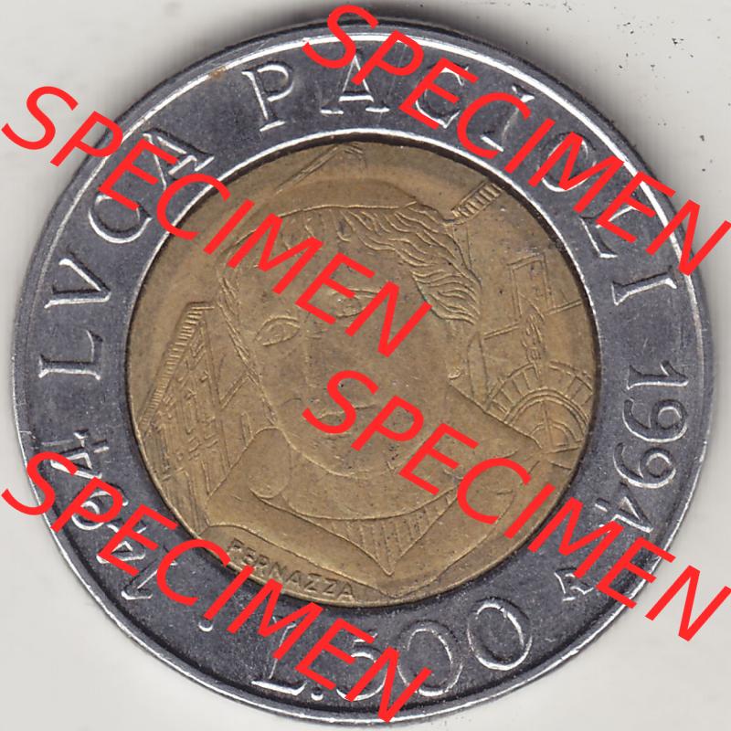 Münzen Italien / Italia Eurovorläufer, Gedenkmünze vor Euroeinführung 1994-1994, 500 Lire, 500. Geburtstag von Luca Pacioli (1494-1994)-1.... Sammlung