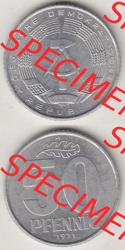 Münzen Deutschland DDR 1958-1990, A 50 Pfennig 1971-2 der DDR-Mark. Vorderseite und Rückseite Vertikal Untereinander, passend für Mobile-Geräte, einer 50 Pfennig... Sammlung