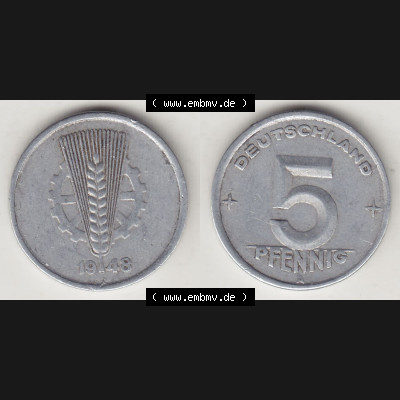 Münzen Deutschland DDR 1948-1950, A 5 Pfennig 1948-1. Vorderseite und Rückseite einer Münze auf einen Bild, einer 5 Pfennig Münze der ehemaligen DDR in Europa als... Sammlung