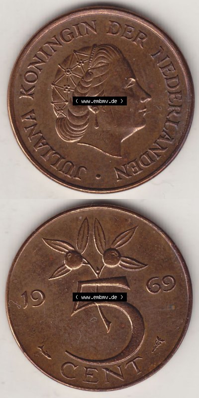 Münzen Niederlande / Netherlands Eurovorläufer, Umlaufmünze vor Euroeinführung 1950-1980, 5 Cent 1969, Königin Juliana (4) Sammlung