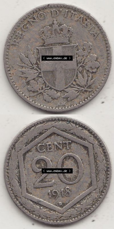 Münzen Italien / Italia Eurovorläufer, Umlaufmünze vor Euroeinführung 1919-1920, 20 Centesimi, Cent, REGNO D'ITALIA 1918 (Stück... Sammlung