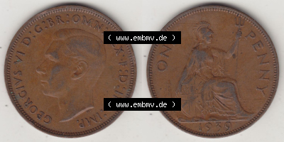 Münzen Großbritannien Eurovorläufer, Umlaufmünze vor Euroeinführung 1937-1948. 1 One Penny 1939 (Stück 1), George VI, GEORGIVS... Sammlung