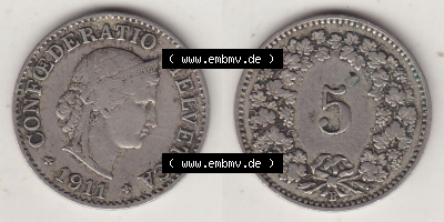 Münzen Schweiz Eurovorläufer, Umlaufmünze 1879-1980, 5 Rappen 1911 Helvetica (3) Sammlung