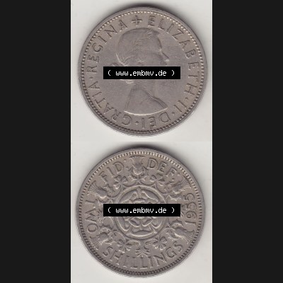 Münzen Großbritannien Eurovorläufer, Umlaufmünze vor Euroeinführung 1954-1970, 2 Schilling - Shillings 1955-1. Vorderseite und Rückseite vertikal untereinander... Sammlung