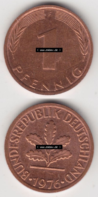 Münzen Deutschland 1 Pfennig-Deutsche Mark 1950-2001, 1 Pfennig 1976 F. Bildmaterial mit Rückseite und Vorderseite in vertikaler... Sammlung