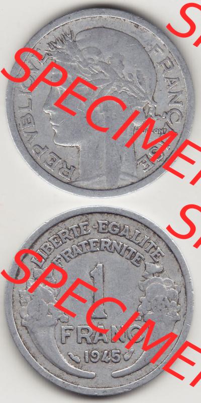 Münzen Frankreich Eurovorläufer, Umlaufmünze vor Euroeinführung 1941-1959, 1 Franken - Francs 1945. Vorderseite und Rückseite Vertikal Untereinander, passend... Sammlung