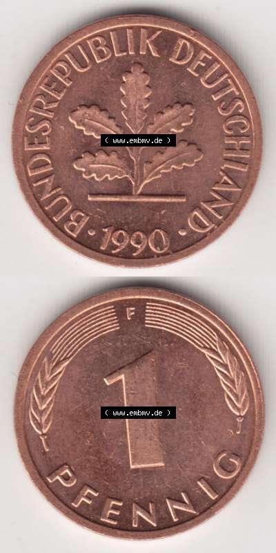 Münzen Deutschland 1 Pfennig-Deutsche Mark 1950-2001, 1 Pfennig 1990 F. Vorderseite und Rückseite in vertikaler Ansicht, einer... Sammlung