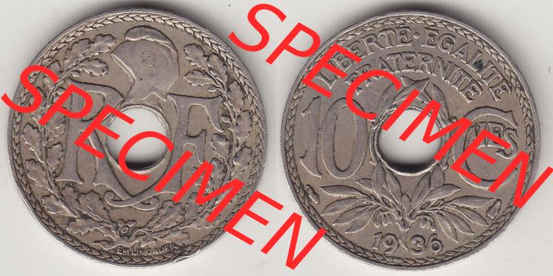 Münzen Frankreich Eurovorläufer, Umlaufmünze vor Euroeinführung 1917-1938, 10 Centimes - Cmes 1936. Vorderseite und Rückseite Nebeneinander einer Münze... Sammlung