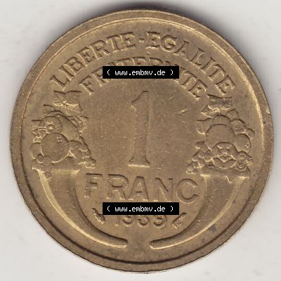 Münzen Frankreich Eurovorläufer, Umlaufmünze vor Euroeinführung 1931-1941, 1 Franken, 1 Franc, 1939-1 LIBERTE EGALITE FRATERNITE. Rückseite einer... Sammlung