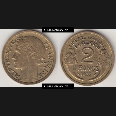 Münzen Frankreich Eurovorläufer, Umlaufmünze vor Euroeinführung 1931-1941, 2 Franken 1938-1 LIBERTE EGALITE FRATERNITE. Rückseite und Vorderseite horizontal... Sammlung