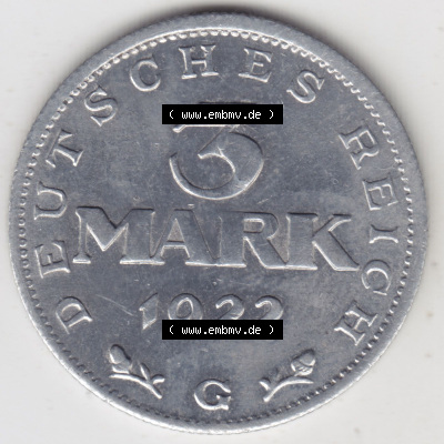 Münzen Deutschland 1918-1932 Weimarer Republik 1922-1923, 3 Mark G Verfassungstag 11. August 1922 (1) Sammlung