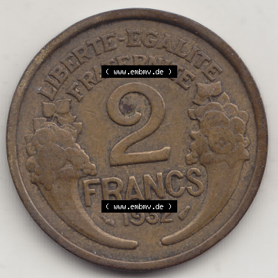 Münzen Frankreich Eurovorläufer, Umlaufmünze vor Euroeinführung 1931-1941, 2 Franken 1932 (Stück 1) LIBERTE EGALITE FRATERNITE.... Sammlung