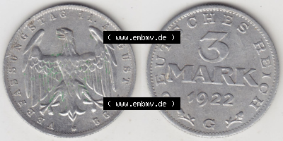 Münzen Deutschland 1918-1932 Weimarer Republik 1922-1923, 3 Mark G, 1923 Verfassungstag 11. August 1922 (3) Sammlung