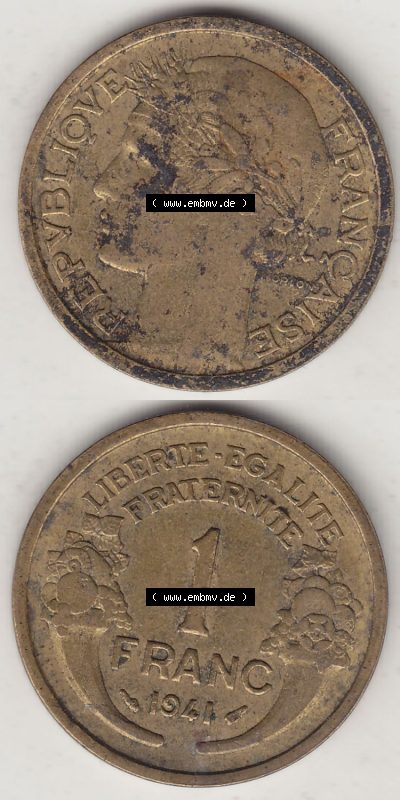 Münzen Frankreich Eurovorläufer, Umlaufmünze vor Euroeinführung 1931-1941, 1 Franken, 1 Franc, 1941 (Stück 1) LIBERTE EGALITE... Sammlung