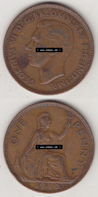 Münzen Großbritannien Eurovorläufer, Umlaufmünze vor Euroeinführung 1937-1948. 1 One Penny 1940 (Stück 1), George VI, GEORGIVS... Sammlung