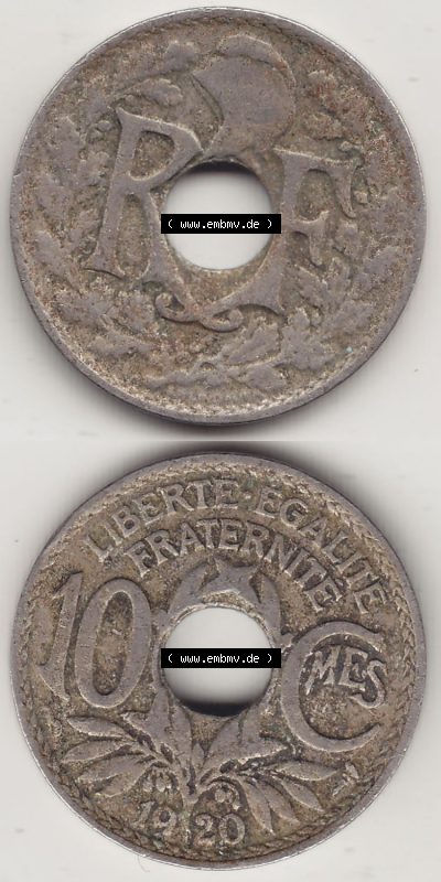 Münzen Frankreich Eurovorläufer, Umlaufmünze vor Euroeinführung 1917-1938, 10 Centimes - Cmes 1920. Vorderseite und Rückseite... Sammlung
