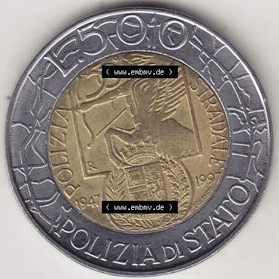 Münzen Italien / Italia Eurovorläufer, Gedenkmünze vor Euroeinführung 1997-1997, 500 Lire, 50 Jahre Staatspolizei (1947-1997), POLIZIA DI STATO... Sammlung