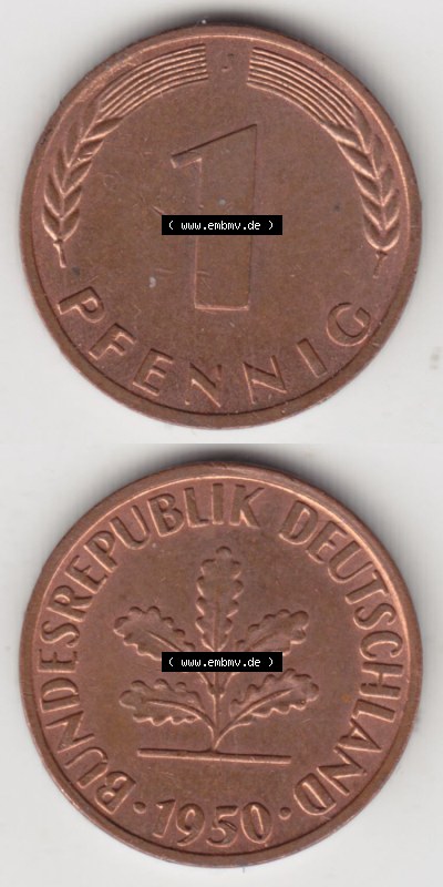 Münzen Deutschland 1 Pfennig-Deutsche Mark 1950-2001, 1 Pfennig 1950 J. Rückseite und Vorderseite in vertikaler Ansicht für... Sammlung