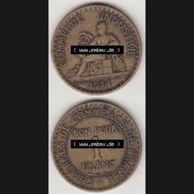 Münzen Frankreich Eurovorläufer, Umlaufmünze vor Euroeinführung 1920-1927, 1 Franken BON POUR 1 FRANC 1924-2. Vorderseite und Rückseite Vertikal Untereinander... Sammlung