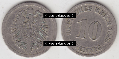 Münzen Deutschland 1871-1918 Kaiserreich 1873-1889, 10 Pfennig A, 1888. Vorderseite und Rückseite Nebeneinander einer Münze... Sammlung