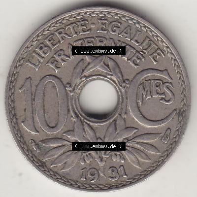 Münzen Frankreich Eurovorläufer, Umlaufmünze vor Euroeinführung 1917-1938, 10 Centimes, 10 CMES EGALITÉ FRATERNITÉ LIBERTÉ 1931-1. Rückseite... Sammlung