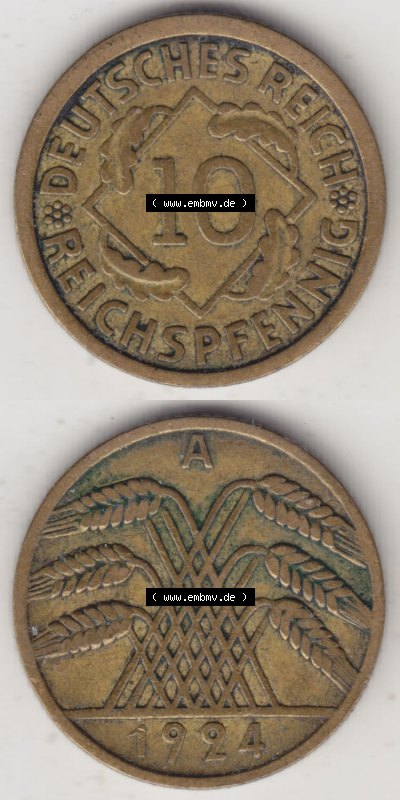 Münzen Deutschland 1918-1932 Weimarer Republik 1924-1936, 10 Reichspfennig A, 1924 (4) Sammlung