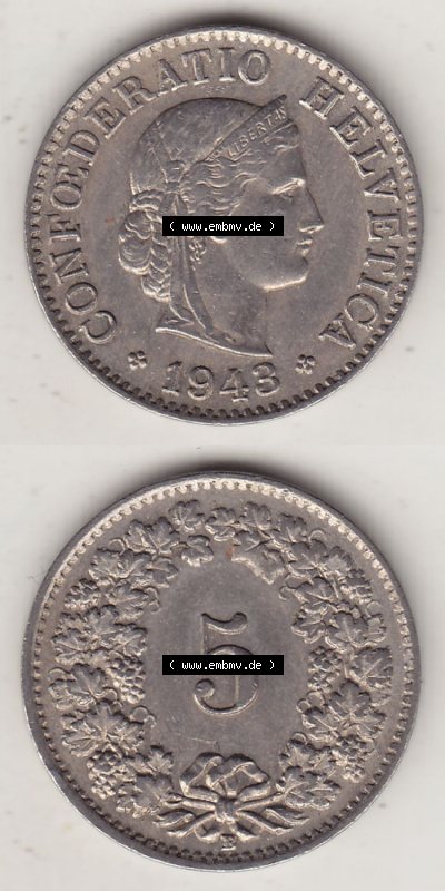 Münzen Schweiz Eurovorläufer, Umlaufmünze 1879-1980, 5 Rappen 1943 (Stück 2) Helvetica (4) Sammlung