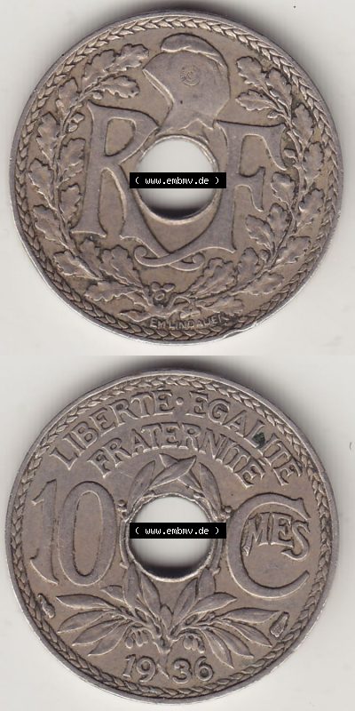 Münzen Frankreich Eurovorläufer, Umlaufmünze vor Euroeinführung 1917-1938, 10 Centimes - Cmes 1936. Vorderseite und Rückseite... Sammlung
