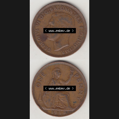 Münzen Großbritannien Eurovorläufer, Umlaufmünze vor Euroeinführung 1937-1948. 1 One Penny 1940-1, George VI, GEORGIVS VI DGBROMNREX FDINDIMP.... Sammlung