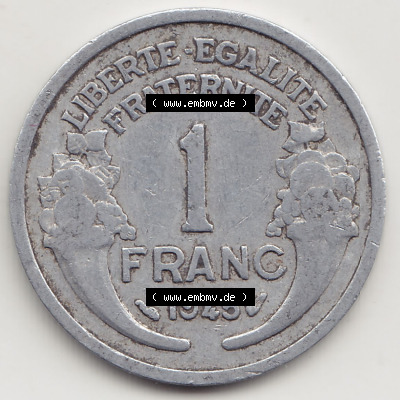 Münzen Frankreich Eurovorläufer, Umlaufmünze vor Euroeinführung 1941-1959, 1 Franken - Francs 1945. Rückseite einer Münze... Sammlung