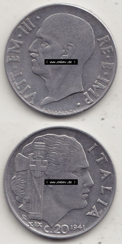 Münzen Italien / Italia Eurovorläufer, Umlaufmünze vor Euroeinführung 1939-1943, 20 C. Centesimi, Cent 1941 (Stück 1). Rückseite... Sammlung
