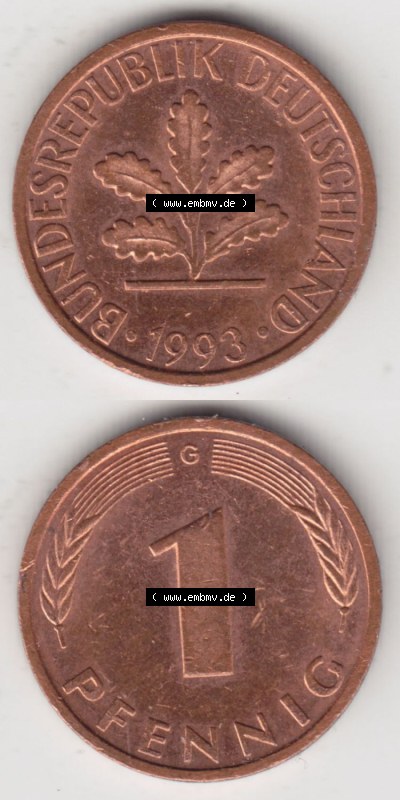 Münzen Deutschland 1 Pfennig-Deutsche Mark 1950-2001, 1 Pfennig 1993 G. Vorderseite und Rückseite in vertikaler Ansicht, einer... Sammlung
