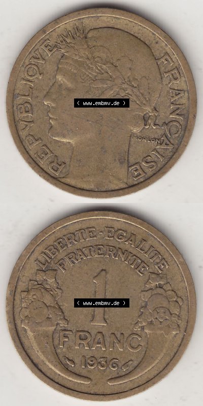 Münzen Frankreich Eurovorläufer, Umlaufmünze vor Euroeinführung 1931-1941, 1 Franken, 1 Franc, 1936 (Stück 1) LIBERTE EGALITE... Sammlung
