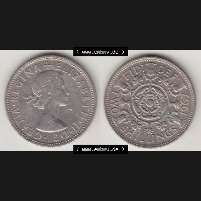Münzen Großbritannien Eurovorläufer, Umlaufmünze vor Euroeinführung 1954-1970, 2 Schilling - Shillings 1967-1. Vorderseite und Rückseite horizontal nebeneinander... Sammlung