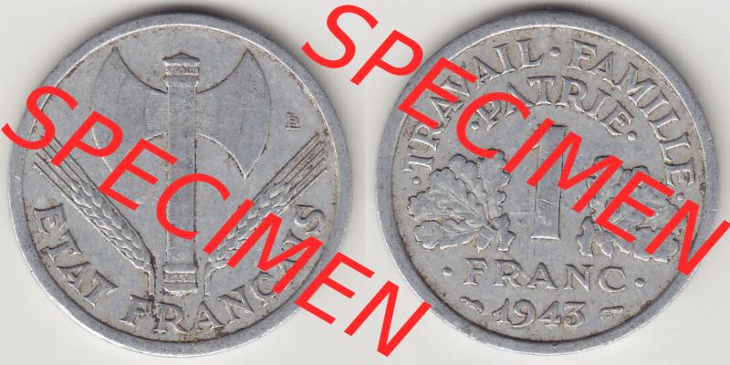 Münzen Frankreich Eurovorläufer, Umlaufmünze vor Euroeinführung 1942-1944, 1 Franken - Francs 1943-2. Vorderseite und Rückseite Nebeneinander einer Münze... Sammlung