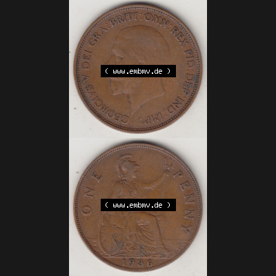 Münzen Großbritannien Eurovorläufer, Umlaufmünze vor Euroeinführung 1928-1936, 1 One Penny, 1936-1, George V. BM GEORGIVS V DEI GRABRITTOMNREX FIDDEFINDIMP.... Sammlung