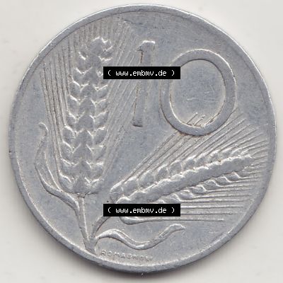 Münzen Italien / Italia Eurovorläufer, Umlaufmünze vor Euroeinführung 1951-2001, 10 Lire 1955-1. Rückseite einer Münze aus Europa als Digitales Bild... Sammlung