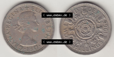 Münzen Großbritannien Eurovorläufer, Umlaufmünze vor Euroeinführung 1954-1970, 2 Schilling - Shillings 1966 (Stück 2). Vorderseite... Sammlung