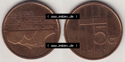 Münzen Niederlande / Netherlands Eurovorläufer, Umlaufmünze vor Euroeinführung 1982-2001, 5 Ct Cent 1993 (Stück 2) Königin... Sammlung
