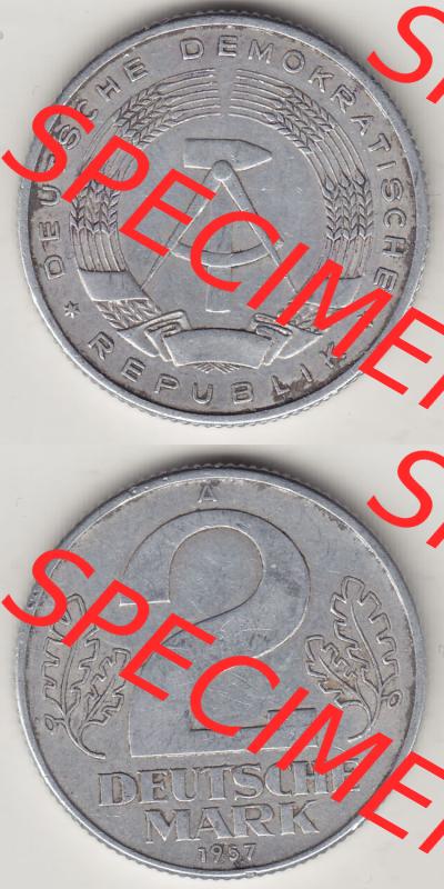 Münzen Deutschland DDR 1957-1957, A 2 Deutsche Mark 1957-2. Vorderseite und Rückseite Vertikal Untereinander, passend für Mobile-Geräte, einer 2 Mark Münze... Sammlung