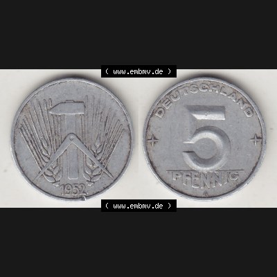 Münzen Deutschland DDR 1952-1953, A 5 Pfennig 1952-2. Vorderseite und Rückseite einer Münze auf einen Bild, einer 5 Pfennig Münze der ehemaligen DDR in Europa als... Sammlung