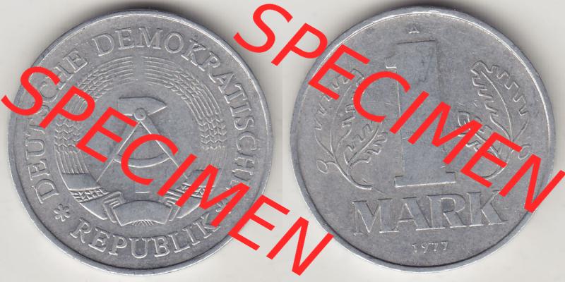 Münzen Deutschland DDR 1972-1990, A 1 Mark 1977-5. Vorderseite und Rückseite Nebeneinander einer 1 Mark Münze / Umlaufmünze aus Deutschland der ehemaligen DDR in Europa... Sammlung