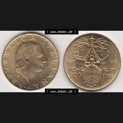Münzen Italien / Italia Eurovorläufer, Gedenkmünze vor Euroeinführung 1997-1997, 200 Lire Italienische Meeresliga. Rückseite und Vorderseite horizontal nebeneinander... Sammlung
