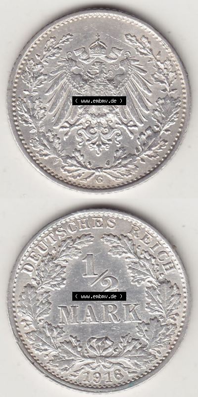 Münzen Deutschland 1871-1918 Kaiserreich Silbermünze 1905-1919, 1/2 Mark G 1916. Vorderseite und Rückseite Vertikal Untereinander,... Sammlung