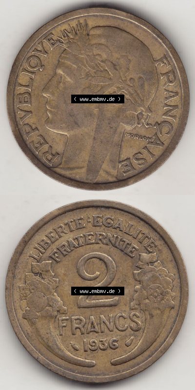 Münzen Frankreich Eurovorläufer, Umlaufmünze vor Euroeinführung 1931-1941, 2 Franken 1936 (Stück 1) LIBERTE EGALITE FRATERNITE.... Sammlung